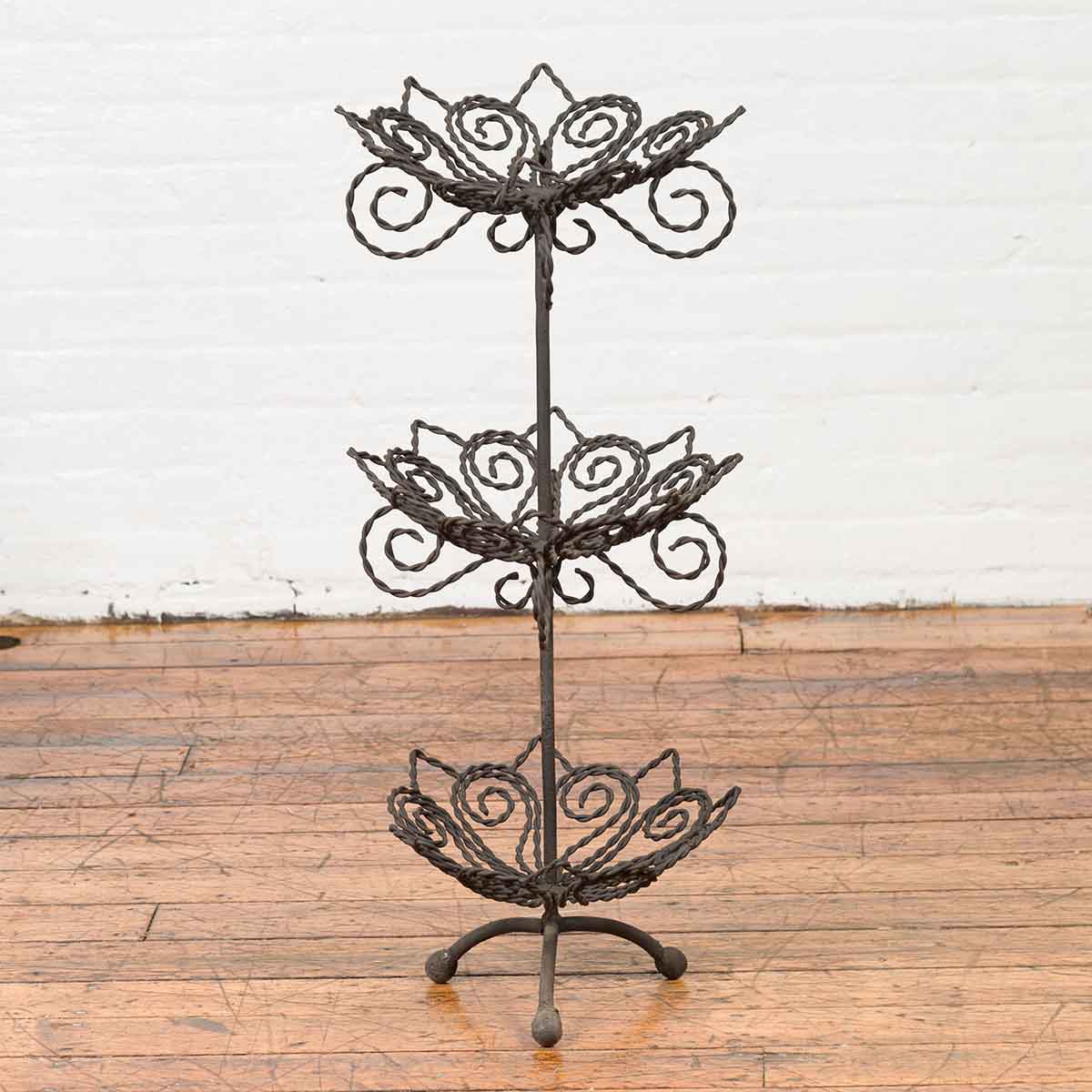 Vintage Bronze Three-Tiered Stand with Dark Patina and Scrolled Motifs-2. Asian & Chinese Furniture, Art, Antiques, Vintage Home Décor for sale at FEA Home