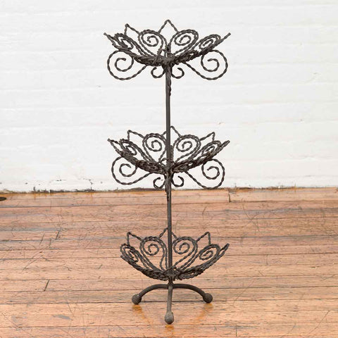 Vintage Bronze Three-Tiered Stand with Dark Patina and Scrolled Motifs