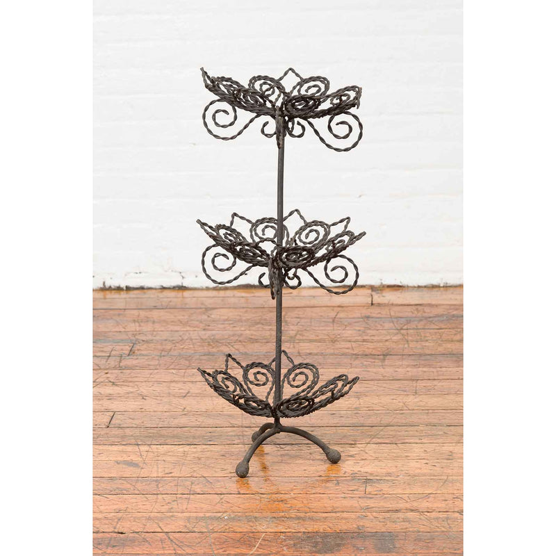 Vintage Bronze Three-Tiered Stand with Dark Patina and Scrolled Motifs-3. Asian & Chinese Furniture, Art, Antiques, Vintage Home Décor for sale at FEA Home
