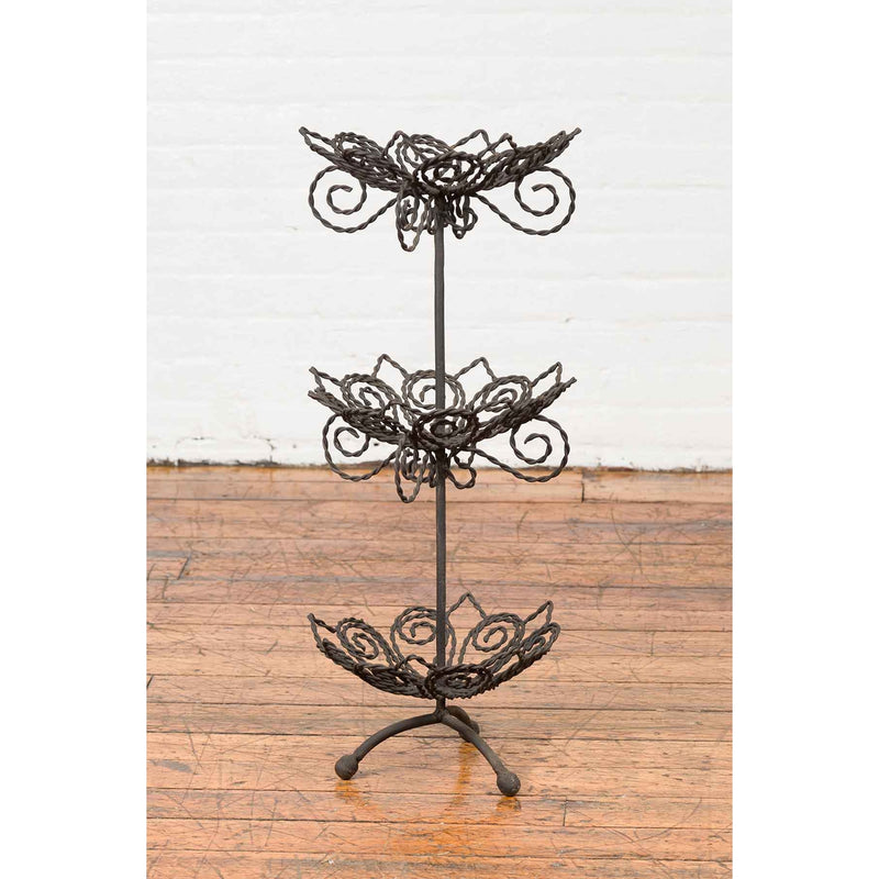 Vintage Bronze Three-Tiered Stand with Dark Patina and Scrolled Motifs-5. Asian & Chinese Furniture, Art, Antiques, Vintage Home Décor for sale at FEA Home