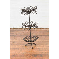 Vintage Bronze Three-Tiered Stand with Dark Patina and Scrolled Motifs