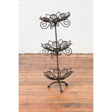 Vintage Bronze Three-Tiered Stand with Dark Patina and Scrolled Motifs-RG2001-4. Asian & Chinese Furniture, Art, Antiques, Vintage Home Décor for sale at FEA Home