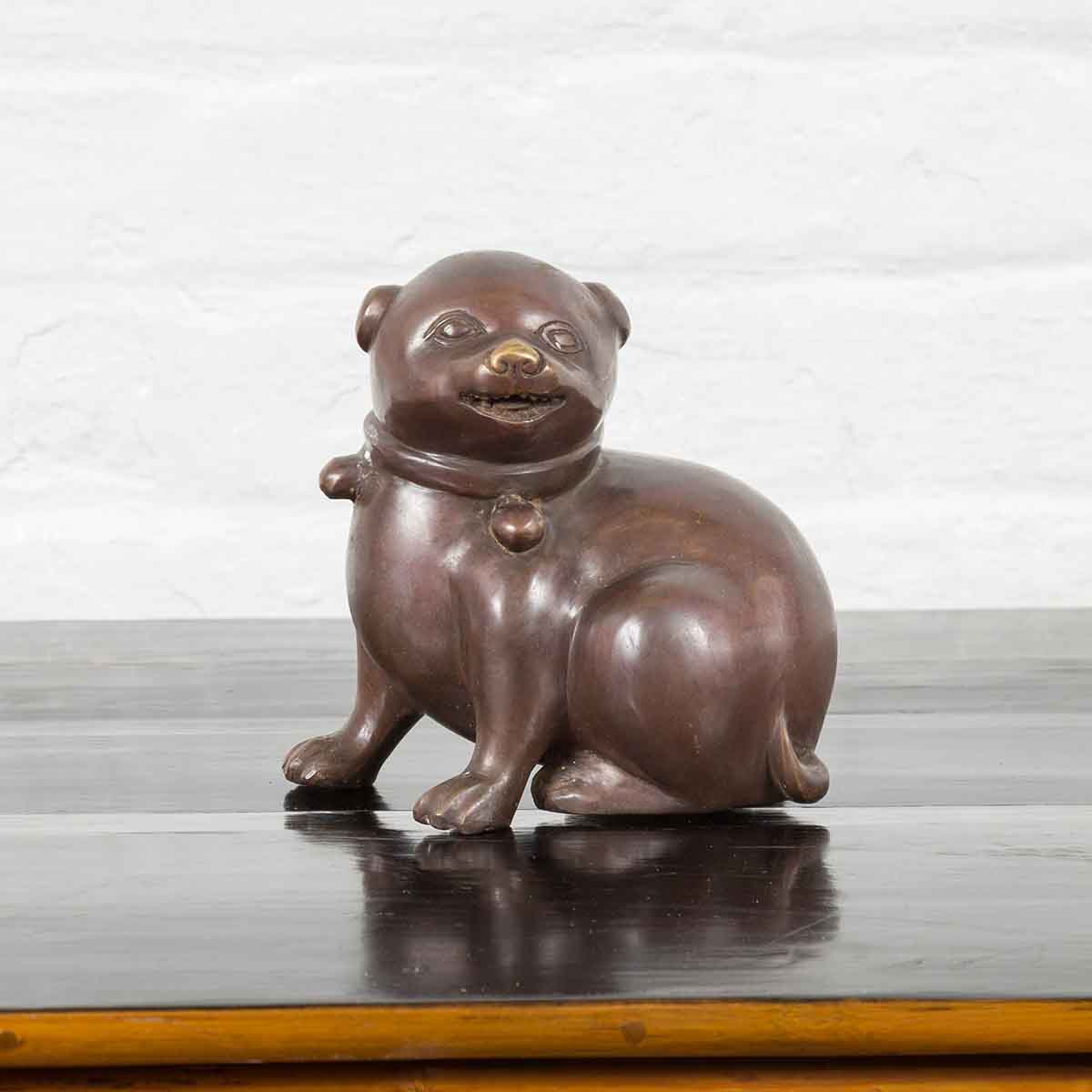 Petite Taisho Style Bronze Puppy Dog Sculpture in the Manner of the Hirado Puppy-2. Asian & Chinese Furniture, Art, Antiques, Vintage Home Décor for sale at FEA Home