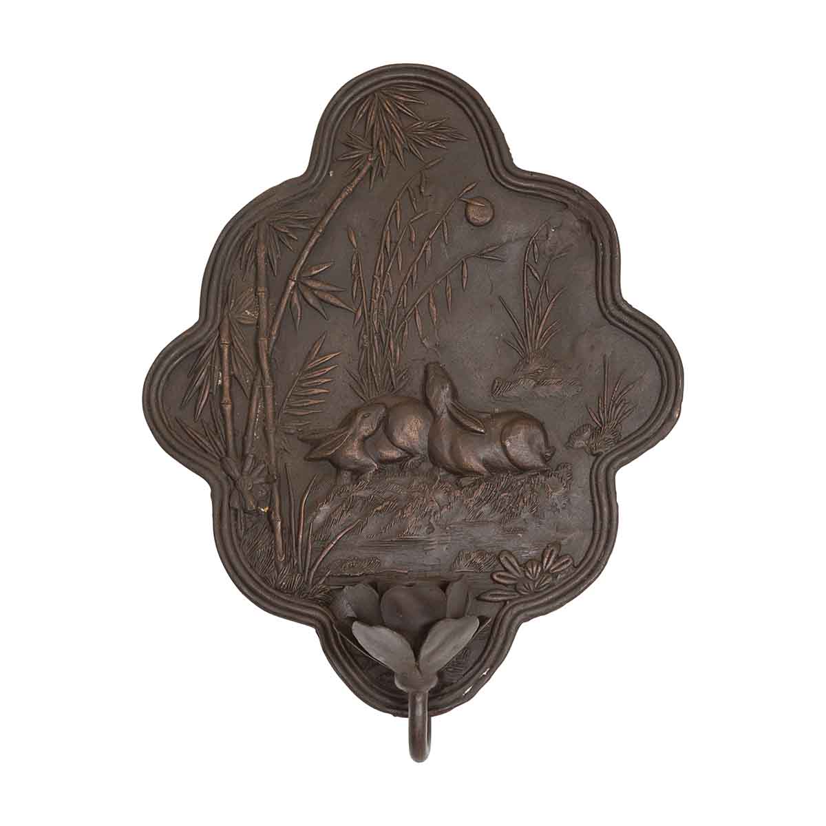 Vintage Bronze Candle Sconce with Rabbits and Bamboo in Dark Patina-2. Asian & Chinese Furniture, Art, Antiques, Vintage Home Décor for sale at FEA Home