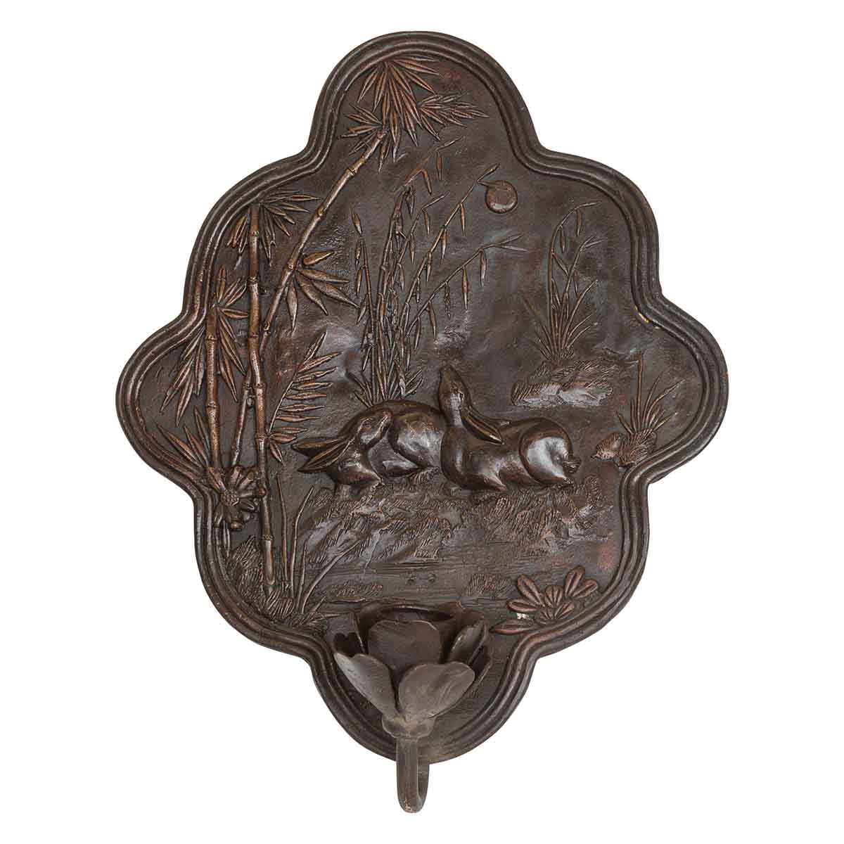 Vintage Bronze Candle Sconce with Rabbits and Bamboo in Dark Patina-1. Asian & Chinese Furniture, Art, Antiques, Vintage Home Décor for sale at FEA Home
