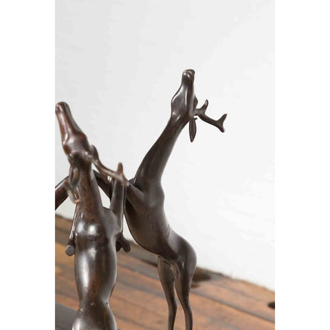 Vintage Lost Wax Cast Bronze Triple Deer Low Table Base with Dark Bronze Patina