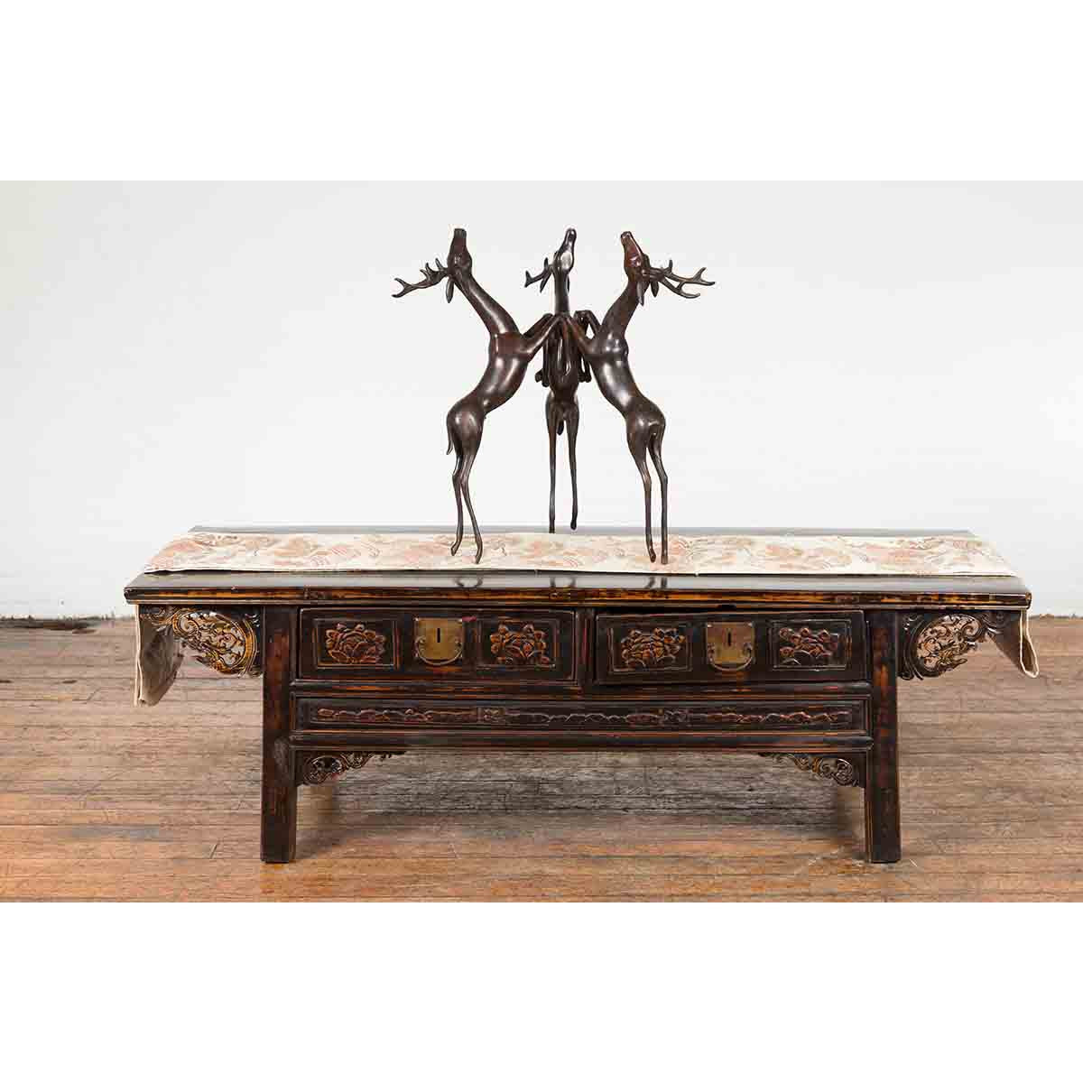 Vintage Lost Wax Cast Bronze Triple Deer Low Table Base with Dark Bronze Patina-4. Asian &amp; Chinese Furniture, Art, Antiques, Vintage Home Décor for sale at FEA Home