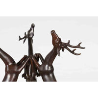 Vintage Lost Wax Cast Bronze Triple Deer Low Table Base with Dark Bronze Patina