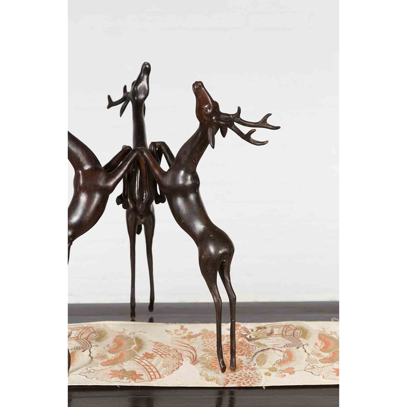 Vintage Lost Wax Cast Bronze Triple Deer Low Table Base with Dark Bronze Patina