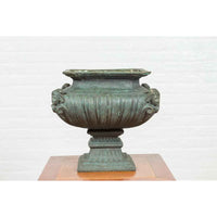 Contemporary Cast Bronze Planter with Figures, Gadroon Motifs and Verde Patina