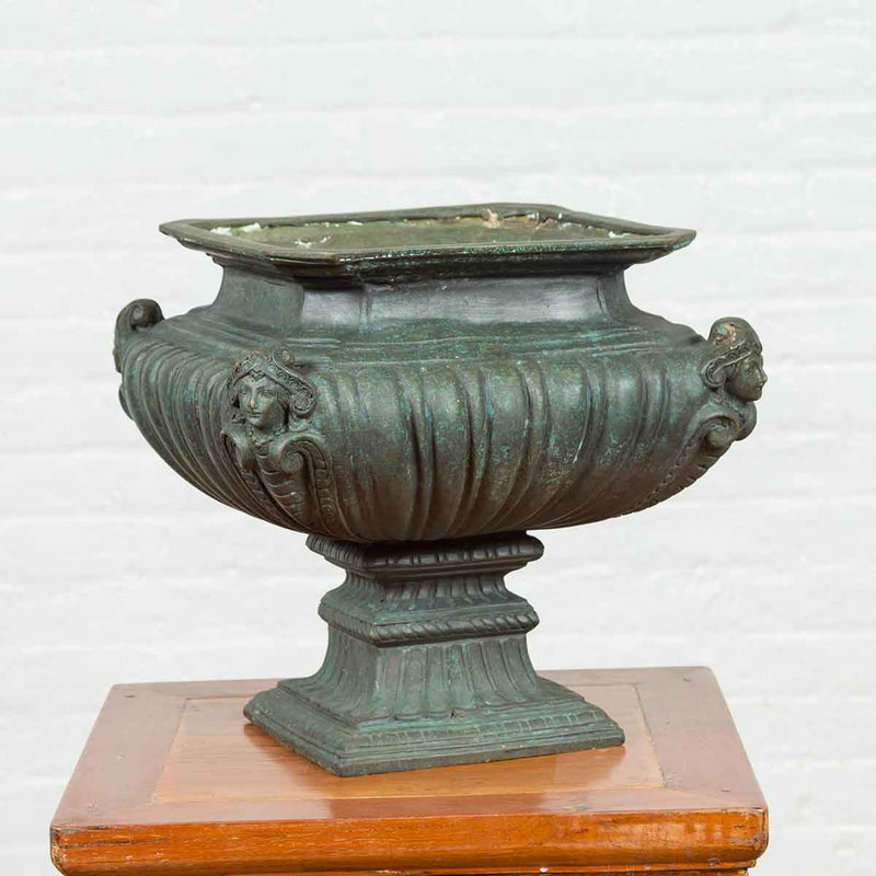 Contemporary Cast Bronze Planter with Figures, Gadroon Motifs and Verde Patina