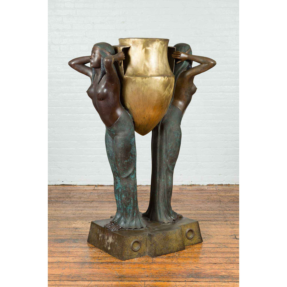 Vintage Bronze Egyptian Style Planter Depicting Two Maiden Carrying a Large Urn-4. Asian &amp; Chinese Furniture, Art, Antiques, Vintage Home Décor for sale at FEA Home