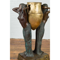 Vintage Bronze Egyptian Style Planter Depicting Two Maiden Carrying a Large Urn