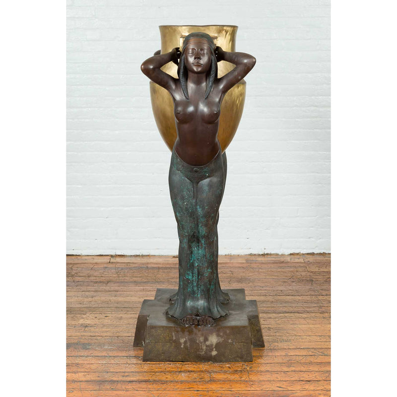 Vintage Bronze Egyptian Style Planter Depicting Two Maiden Carrying a Large Urn