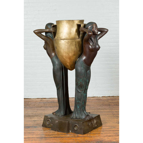 Vintage Bronze Egyptian Style Planter Depicting Two Maiden Carrying a Large Urn