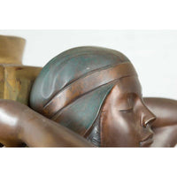 Vintage Bronze Egyptian Style Planter Depicting Two Maiden Carrying a Large Urn