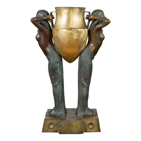 Vintage Bronze Egyptian Style Planter Depicting Two Maiden Carrying a Large Urn- Asian Antiques, Vintage Home Decor & Chinese Furniture - FEA Home