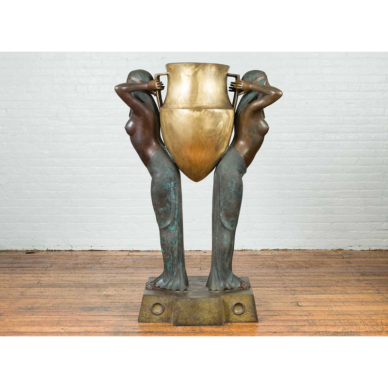 Vintage Bronze Egyptian Style Planter Depicting Two Maiden Carrying a Large Urn