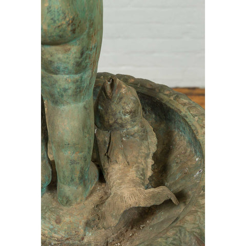 Greco Roman Style Vintage Putto and Fish Fountain with Distressed Verde Patina