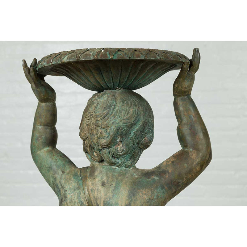Greco Roman Style Vintage Putto and Fish Fountain with Distressed Verde Patina