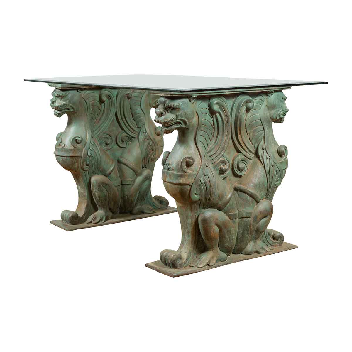 Vintage Bronze Double Mythical Figures Table Base with Verde Patina-1. Asian & Chinese Furniture, Art, Antiques, Vintage Home Décor for sale at FEA Home