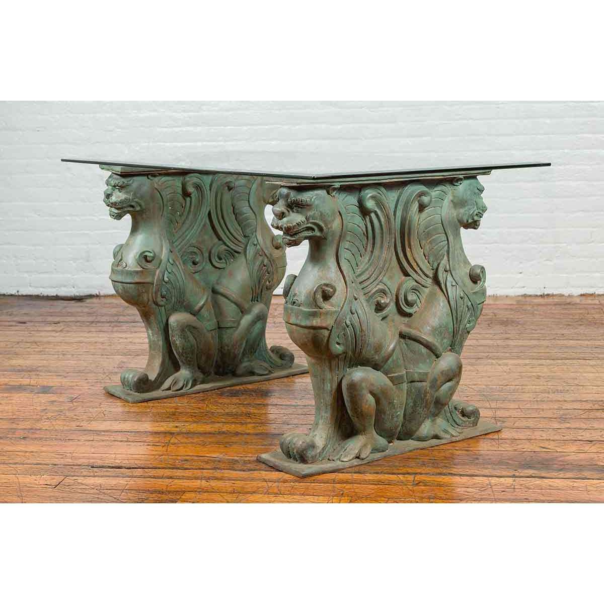Vintage Bronze Double Mythical Figures Table Base with Verde Patina-2. Asian & Chinese Furniture, Art, Antiques, Vintage Home Décor for sale at FEA Home