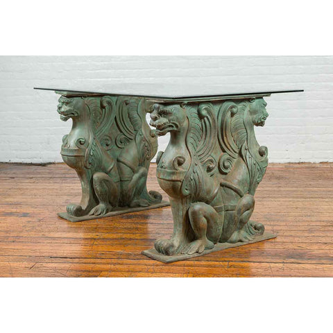 Vintage Bronze Double Mythical Figures Table Base with Verde Patina