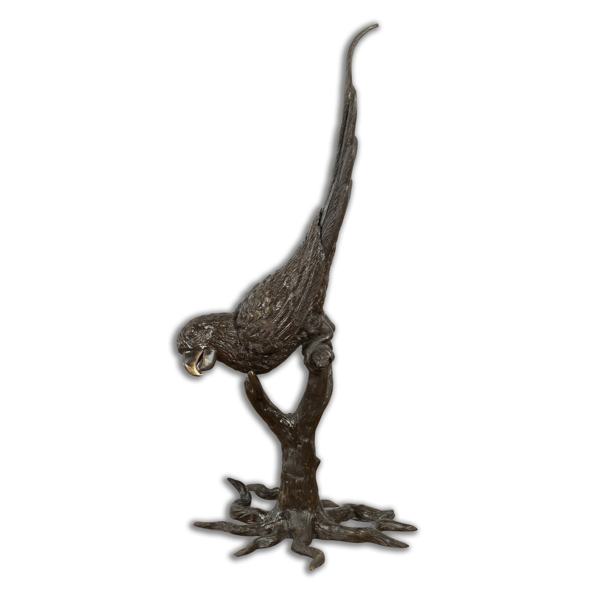 Bronze Statue of a Parrot Perched on a Branch and Leaning Down, with Dark Patina-1. Asian & Chinese Furniture, Art, Antiques, Vintage Home Décor for sale at FEA Home