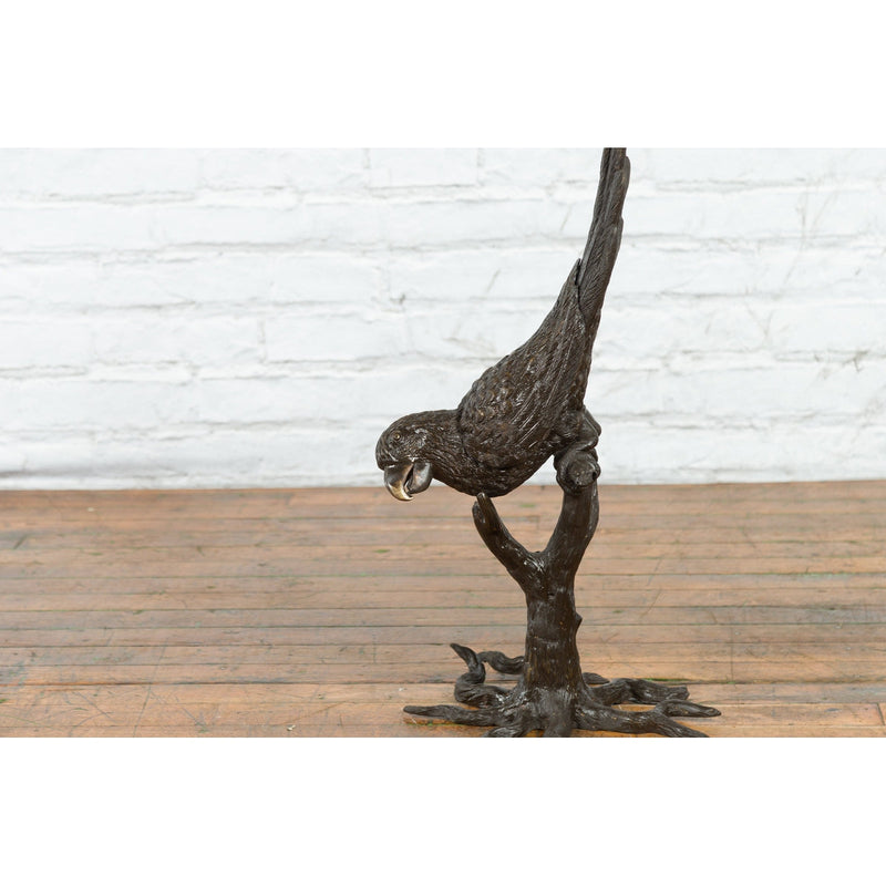 Bronze Statue of a Parrot Perched on a Branch and Leaning Down, with Dark Patina-RG339-10. Asian & Chinese Furniture, Art, Antiques, Vintage Home Décor for sale at FEA Home
