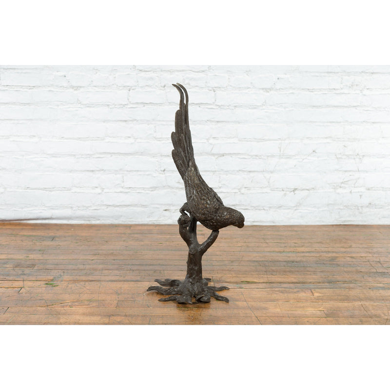 Bronze Statue of a Parrot Perched on a Branch and Leaning Down, with Dark Patina-RG339-3. Asian & Chinese Furniture, Art, Antiques, Vintage Home Décor for sale at FEA Home