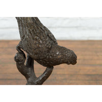 Bronze Statue of a Parrot Perched on a Branch and Leaning Down, with Dark Patina