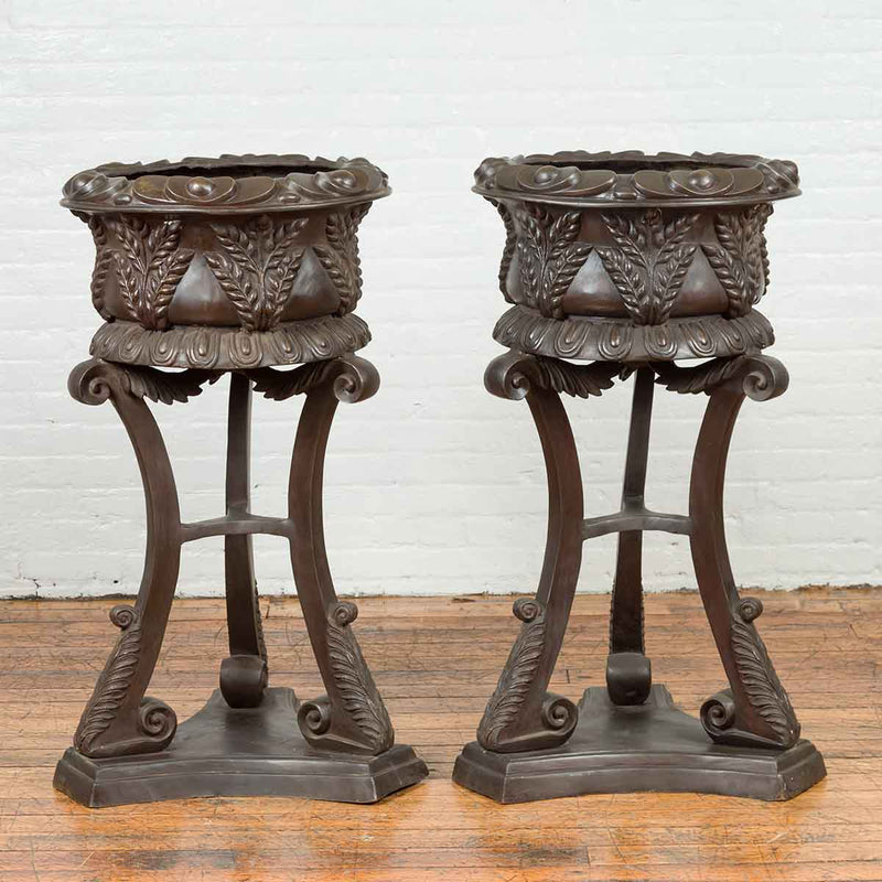 Tall Vintage Bronze European Style Tripod Planter with Raised Floral Motifs