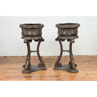 Tall Vintage Bronze European Style Tripod Planter with Raised Floral Motifs