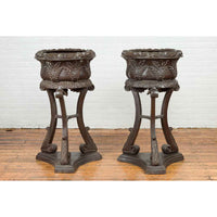 Tall Vintage Bronze European Style Tripod Planter with Raised Floral Motifs