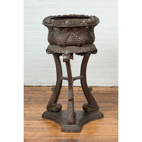 Tall Vintage Bronze European Style Tripod Planter with Raised Floral Motifs