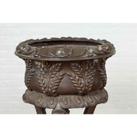 Tall Vintage Bronze European Style Tripod Planter with Raised Floral Motifs