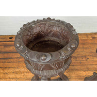 Tall Vintage Bronze European Style Tripod Planter with Raised Floral Motifs