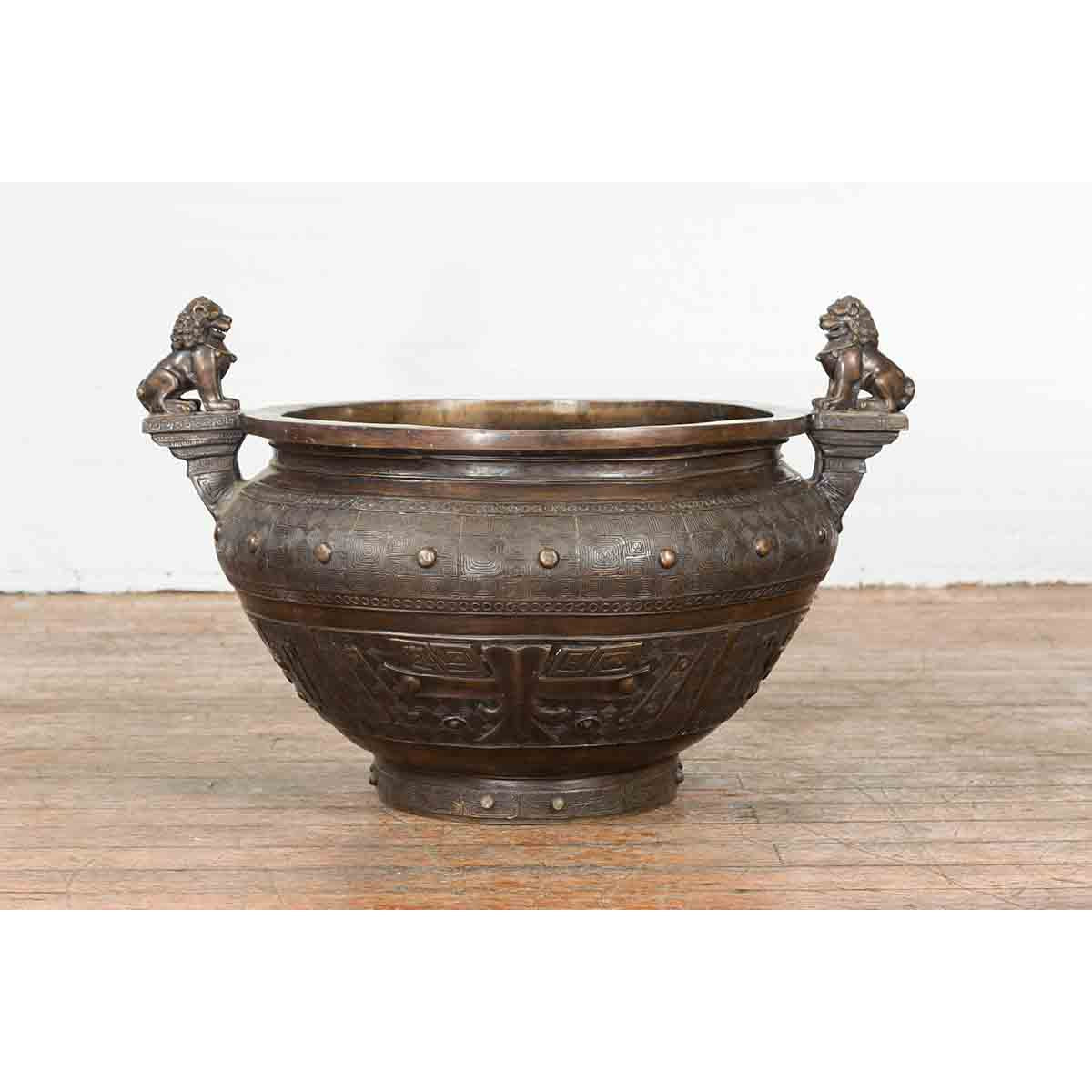 Vintage Low Wax Bronze Planter with Food Dug Guardian Lions-2. Asian & Chinese Furniture, Art, Antiques, Vintage Home Décor for sale at FEA Home