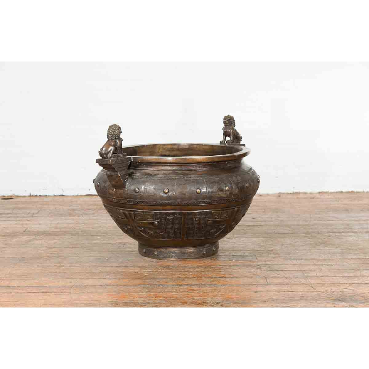 Vintage Low Wax Bronze Planter with Food Dug Guardian Lions-11. Asian &amp; Chinese Furniture, Art, Antiques, Vintage Home Décor for sale at FEA Home