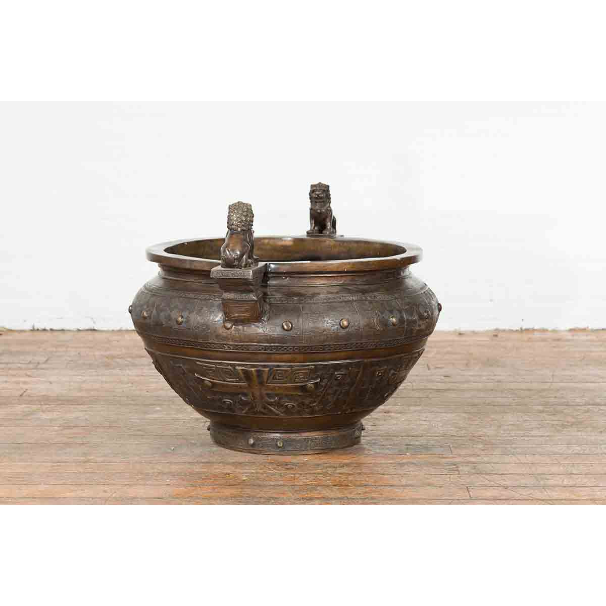 Vintage Low Wax Bronze Planter with Food Dug Guardian Lions-12. Asian &amp; Chinese Furniture, Art, Antiques, Vintage Home Décor for sale at FEA Home