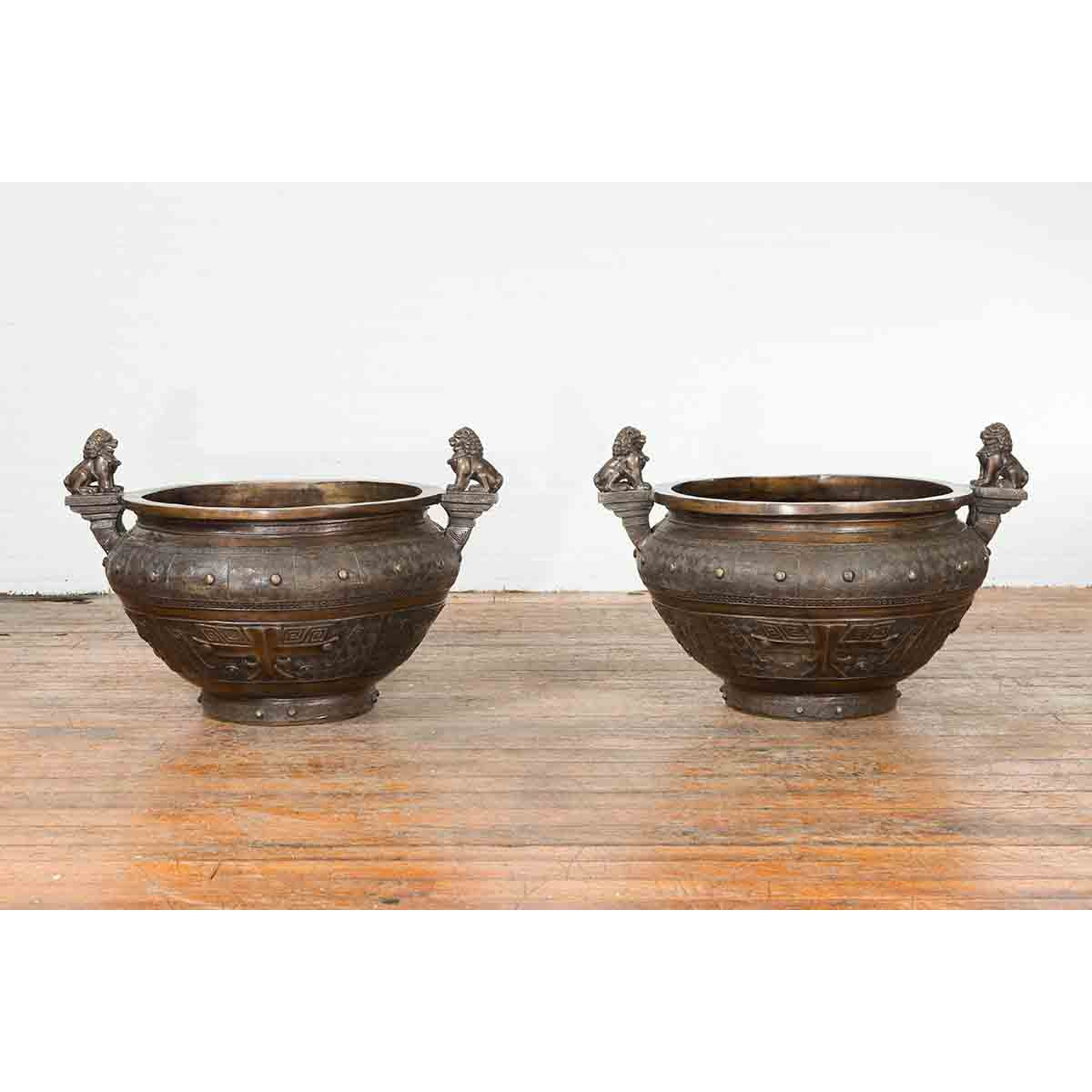 Vintage Low Wax Bronze Planter with Food Dug Guardian Lions-13. Asian &amp; Chinese Furniture, Art, Antiques, Vintage Home Décor for sale at FEA Home