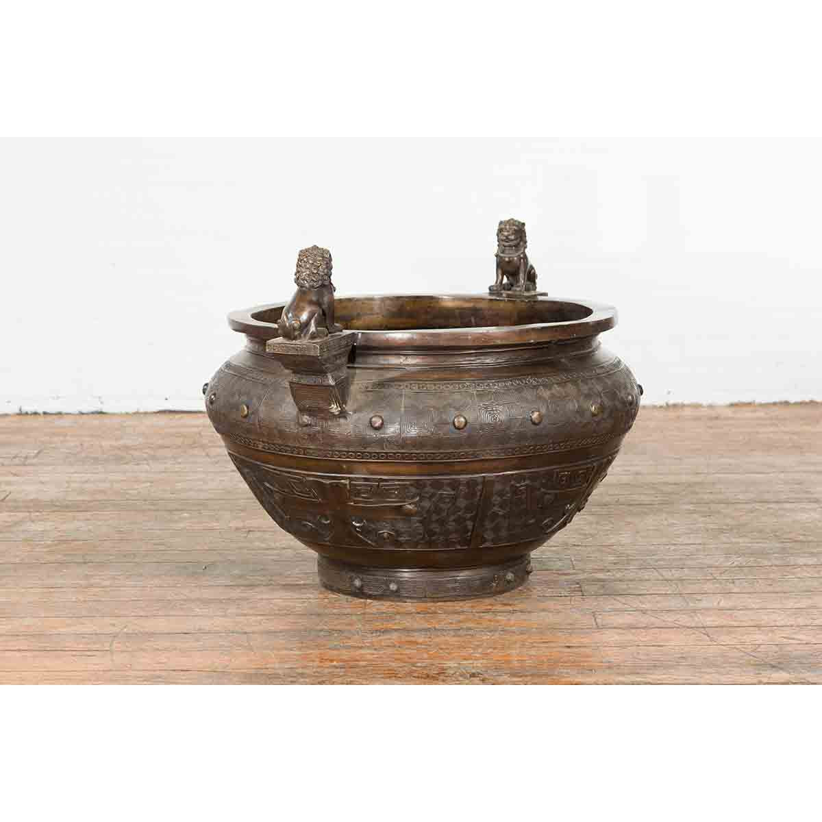 Vintage Low Wax Bronze Planter with Food Dug Guardian Lions-10. Asian &amp; Chinese Furniture, Art, Antiques, Vintage Home Décor for sale at FEA Home
