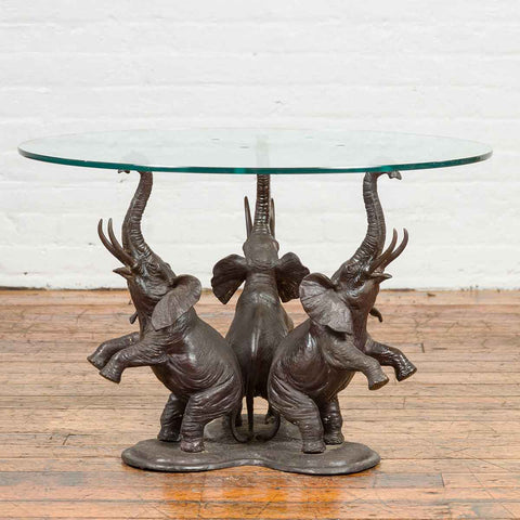 Vintage Triple Raised Elephants Coffee Table Base with Dark Patina, 20th Century-RG502-1. Asian & Chinese Furniture, Art, Antiques, Vintage Home Décor for sale at FEA Home