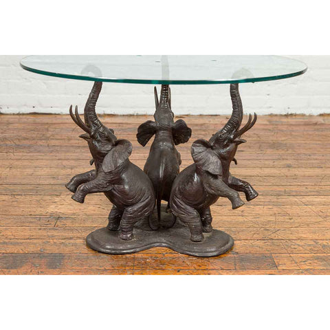 Vintage Triple Raised Elephants Coffee Table Base with Dark Patina, 20th Century