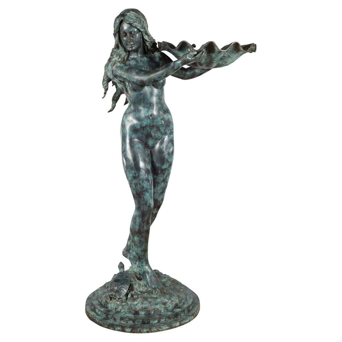 Bronze Sea Nymph Fountain with Large Shell and Turtle in Verdigris Patina-1. Asian & Chinese Furniture, Art, Antiques, Vintage Home Décor for sale at FEA Home