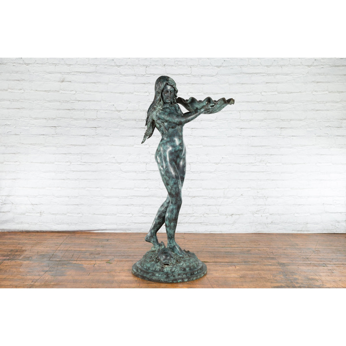 Bronze Sea Nymph Fountain with Large Shell and Turtle in Verdigris Patina-12. Asian &amp; Chinese Furniture, Art, Antiques, Vintage Home Décor for sale at FEA Home