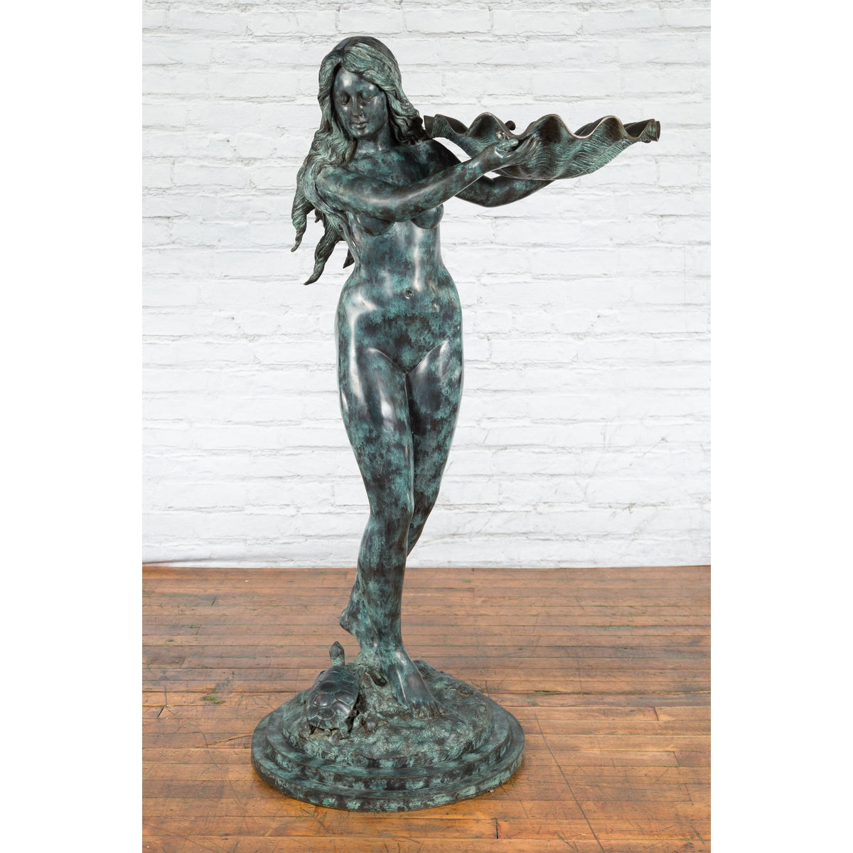 Bronze Sea Nymph Fountain with Large Shell and Turtle in Verdigris Patina-2. Asian & Chinese Furniture, Art, Antiques, Vintage Home Décor for sale at FEA Home