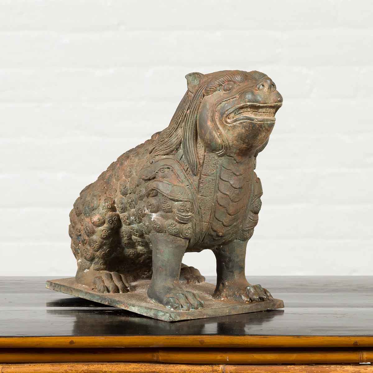 Vintage Bronze Mythical Boar Sculpture on Rectangular Base-2. Asian & Chinese Furniture, Art, Antiques, Vintage Home Décor for sale at FEA Home