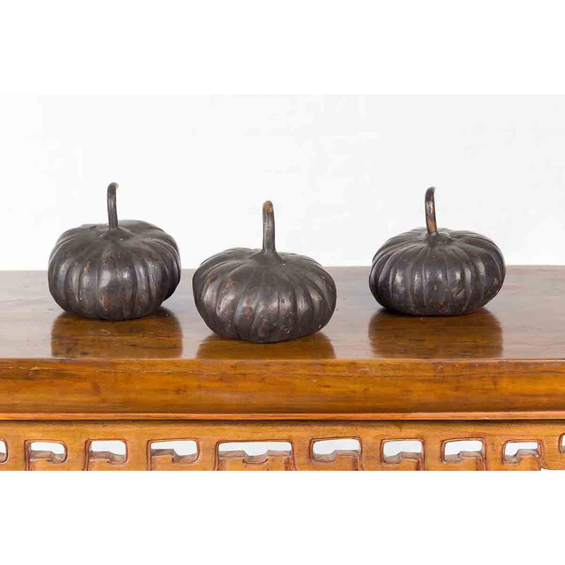 Contemporary Small Lost Wax Bronze Pumpkin Sculpture with Dark Patina, Sold Each-4. Asian & Chinese Furniture, Art, Antiques, Vintage Home Décor for sale at FEA Home