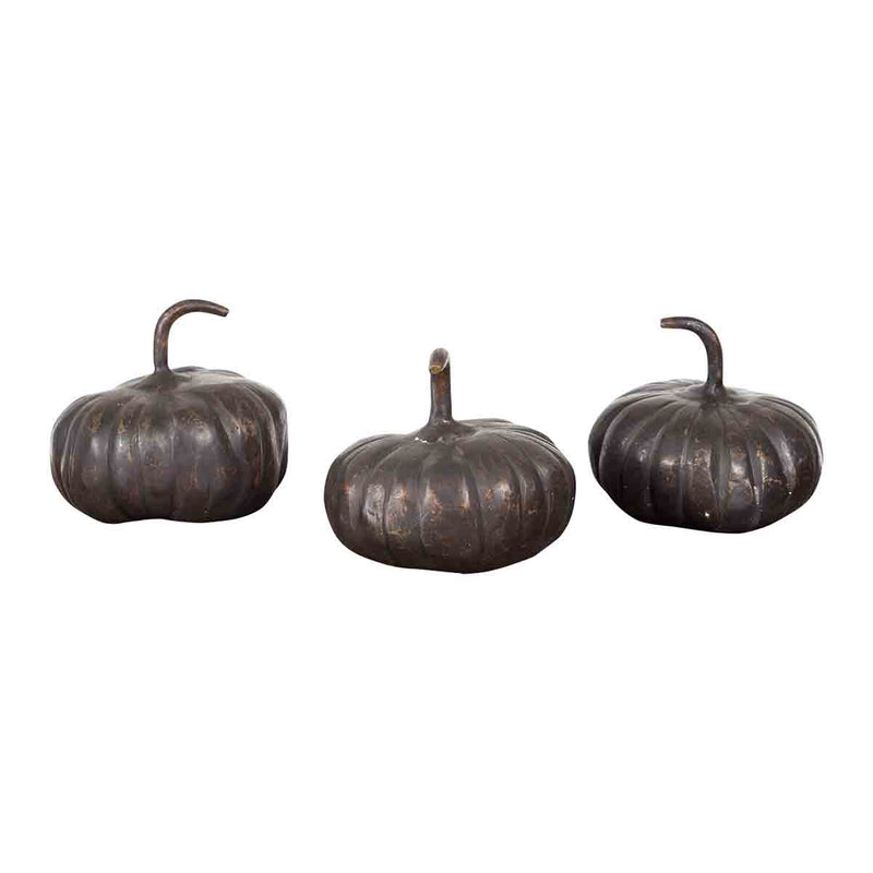 Contemporary Small Lost Wax Bronze Pumpkin Sculpture with Dark Patina, Sold Each-1. Asian & Chinese Furniture, Art, Antiques, Vintage Home Décor for sale at FEA Home